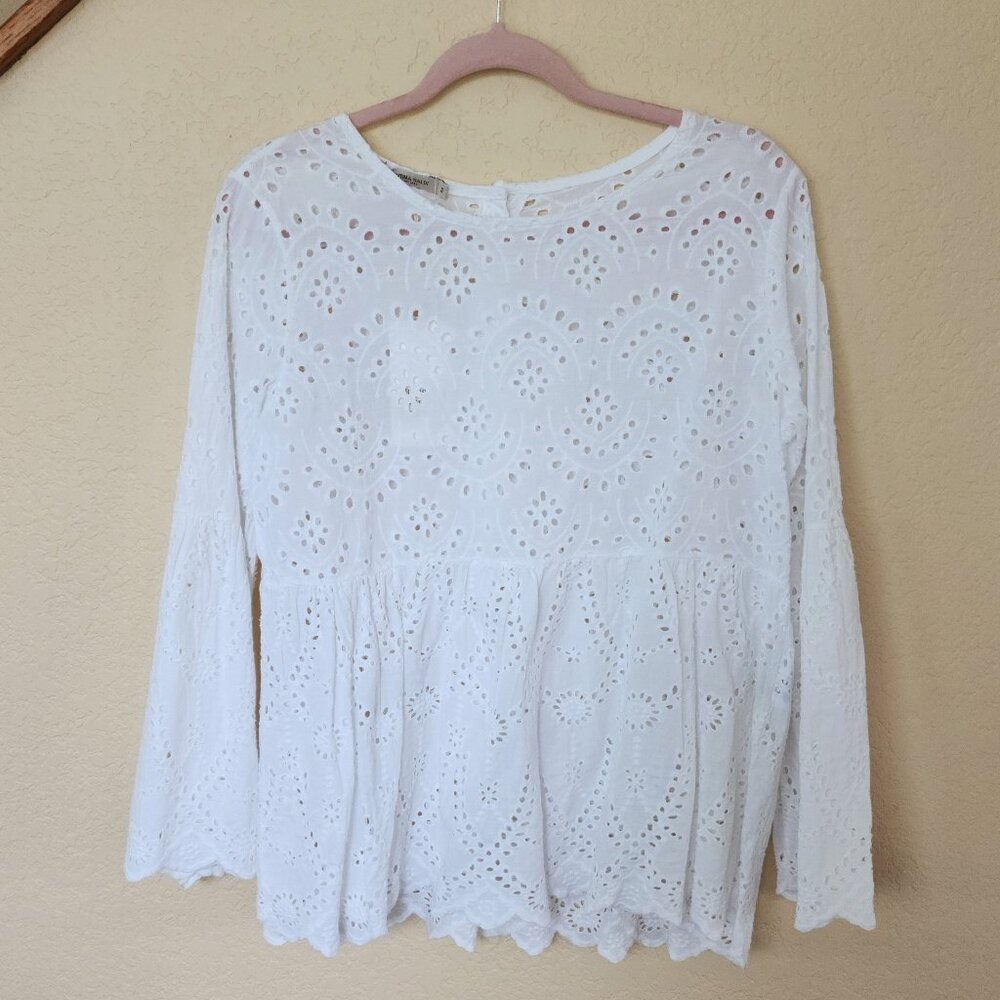 Valentina Naldi Blouse White Cotton Top Round Neck Long Sleeve Size M Italy